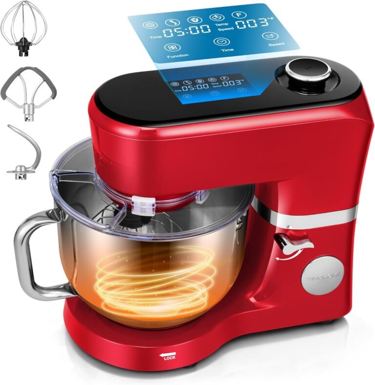 VIVOHOME Stand Mixer with Fermentation, One-Touch Presets Electric Dough Mixer with 6 Qt Bowl, Kitchen Standing Mixer for Baking, Cake with Flex Edge Beater, Bread Hook, Whisk, Red
